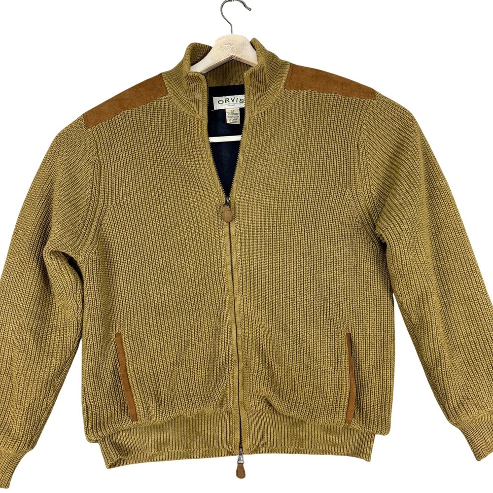 Orvis Sweater Mens Medium Green Cotton Full Zip Mock Neck Suede Shoulder Patches